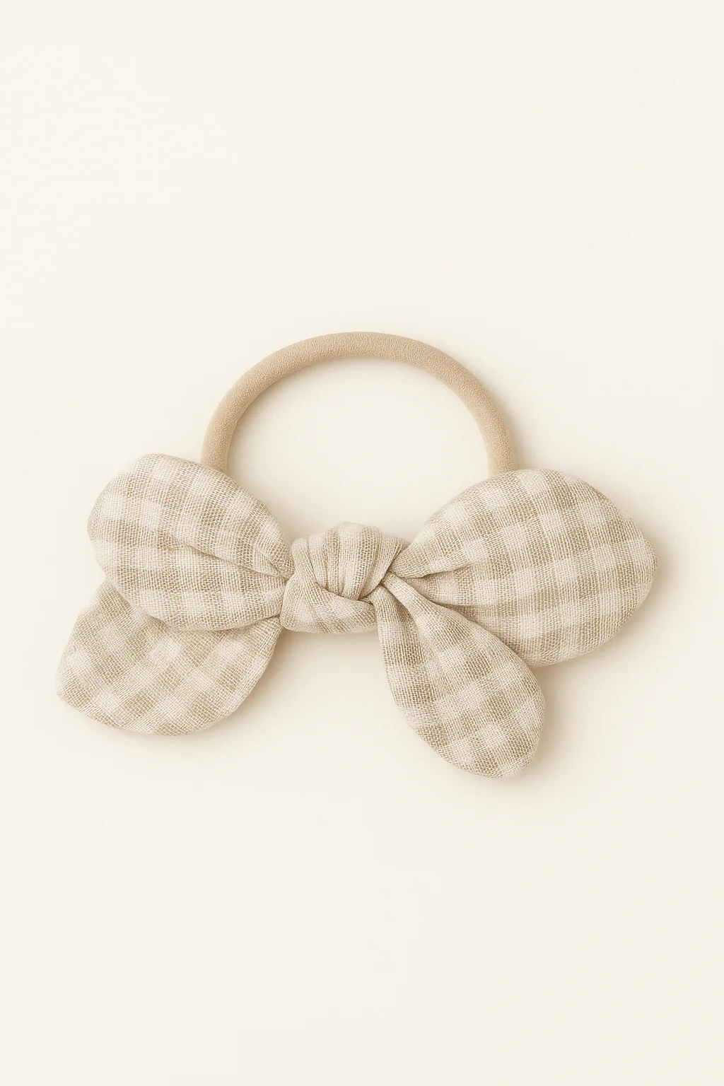 Chouchou cheveux fille nœud accessoire vêtement en gaze de coton vichy beige – Image 2