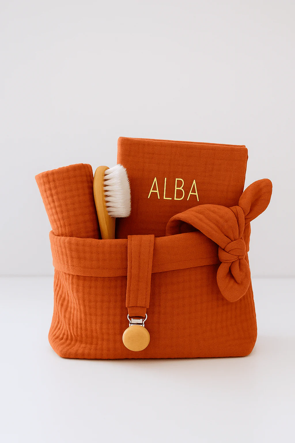Coffret naissance bébé personnalisable fait main en France en gaze de coton tangerine – Image 2