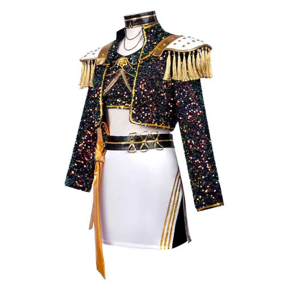 Costume Enfant Mira KPOP Demon Hunter – Tenue Dorée et Noire Scintillante avec Jupe et Épaulettes – Image 9