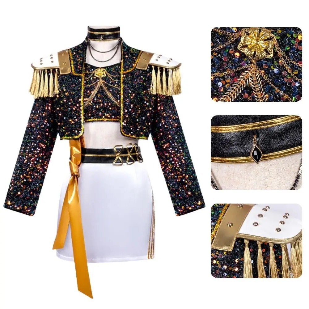 Costume Enfant Mira KPOP Demon Hunter – Tenue Dorée et Noire Scintillante avec Jupe et Épaulettes – Image 2