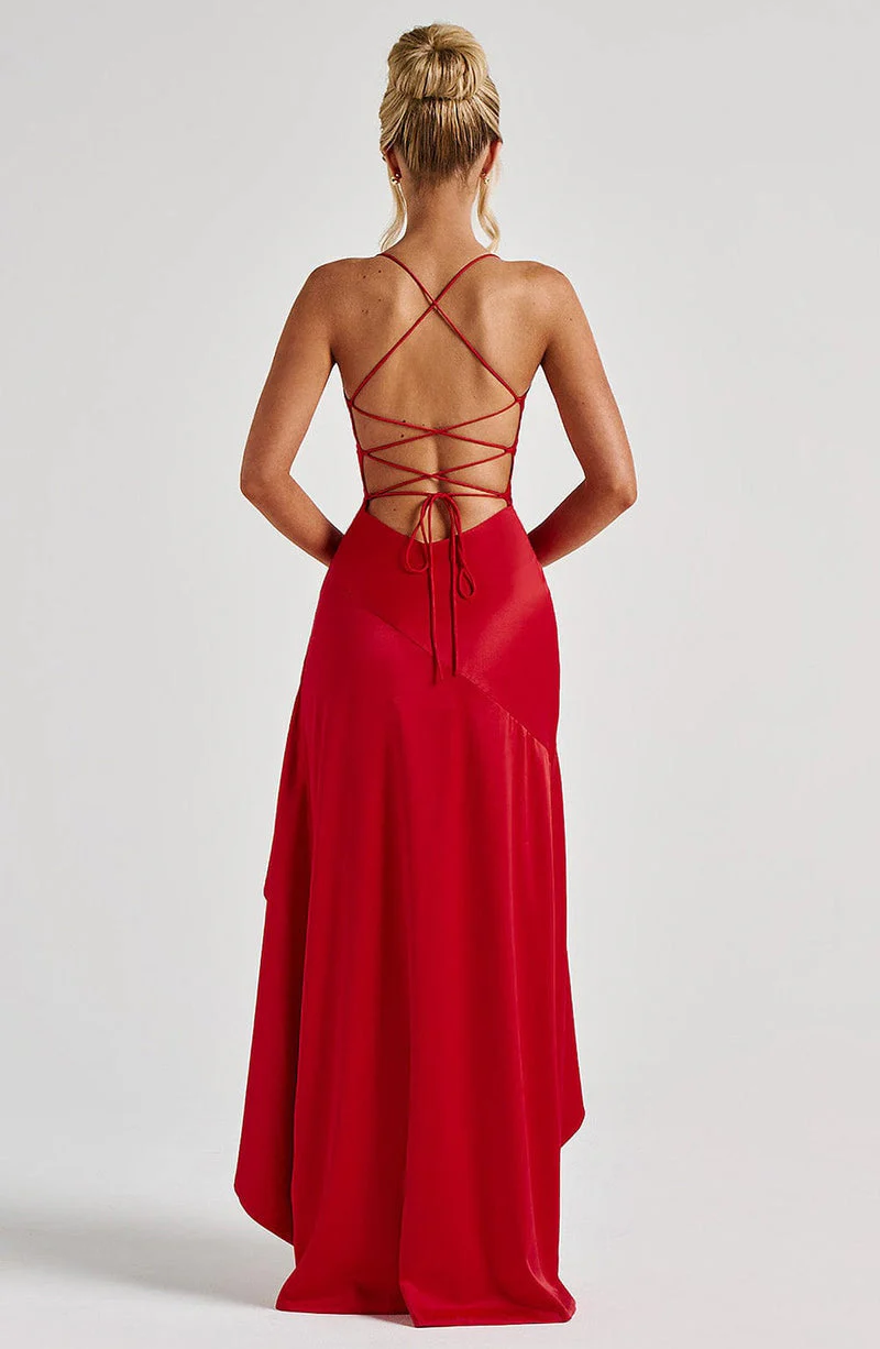 Robe de soirée longue avec fines bretelles fente haute et ourlet asymétrique – Image 5